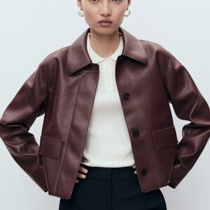 MANGO MAROON FAUX-LEATHER JACKET WITH POCKETS size Medium